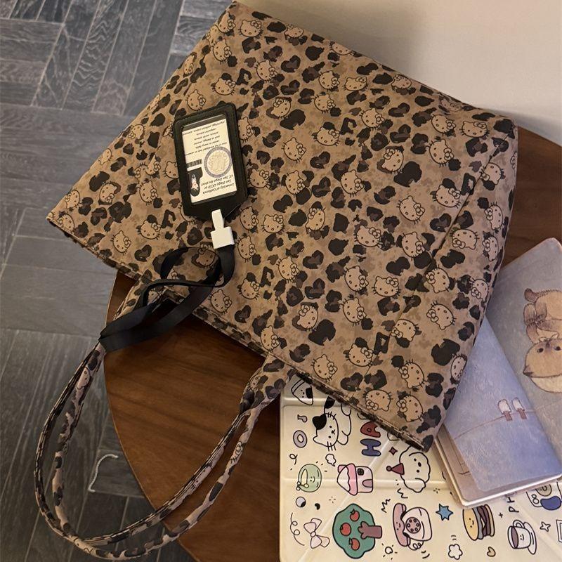 Retro Style Leopard Print Canvas Bag Girl Lazy Casual Shoulder Messenger Bag Large Capacity Commuter Bag
