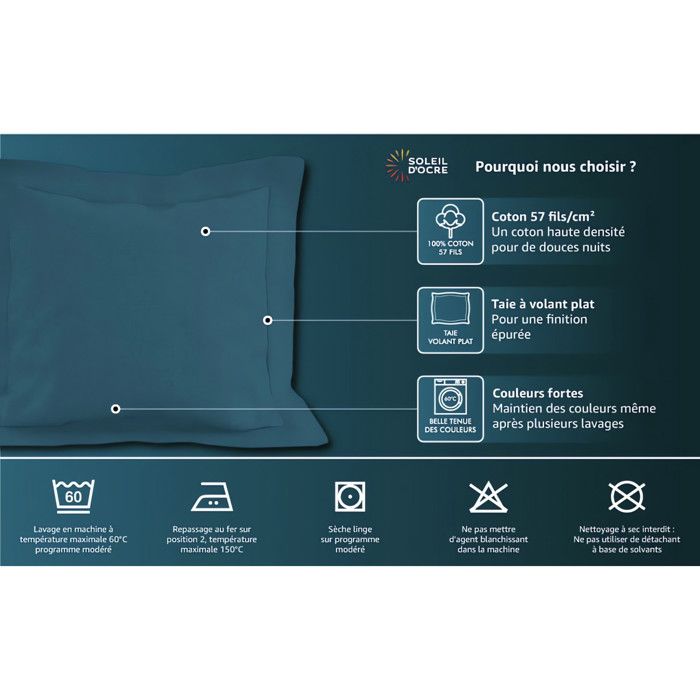 Taie d'oreiller en coton 57 fils 50x70 cm UNI lin, par Soleil d'ocre