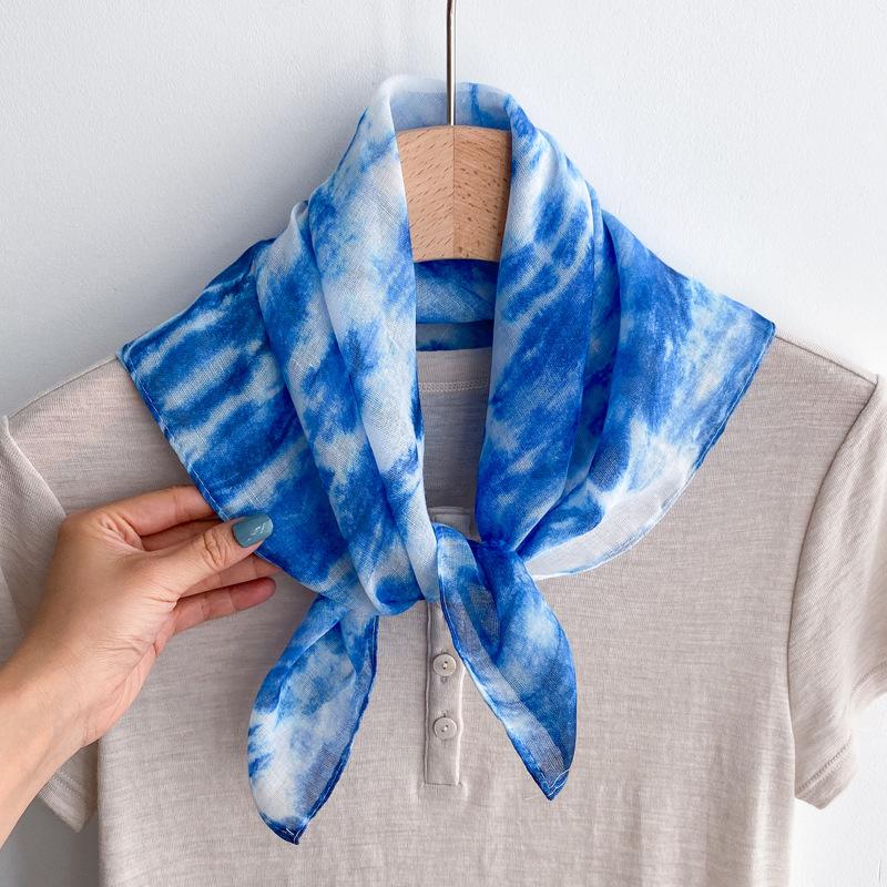 Flax small square scarf silk scarf women's headscarf neck protection scarf imitation blue dye handmade tie-dye scarf Yunnan yarn scarf thin scarf