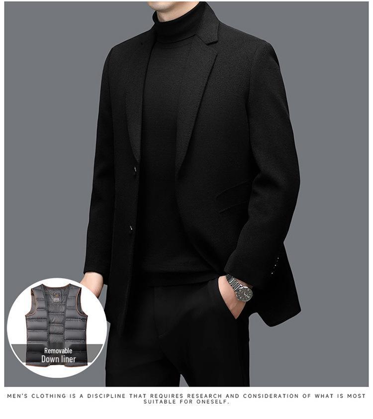 Herren Mittellanger High-End Kaschmirmantel mit abnehmbarem Daunenfutter und Anzugkragen für Herbst/Winter.