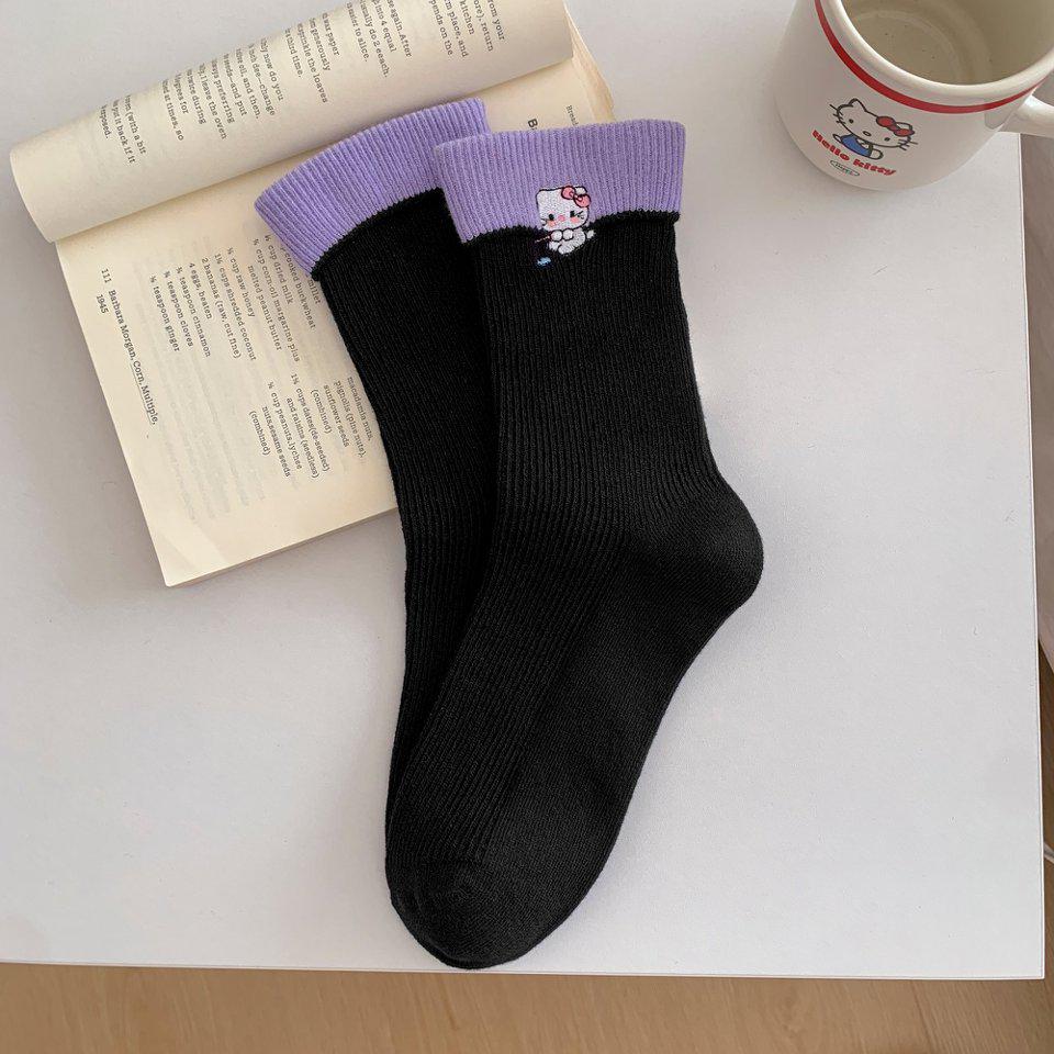Korean Trendy Double Needle Mid-Calf Socks with Foldable Ribbed Cuff & Cute Cartoon Cat Embroidery