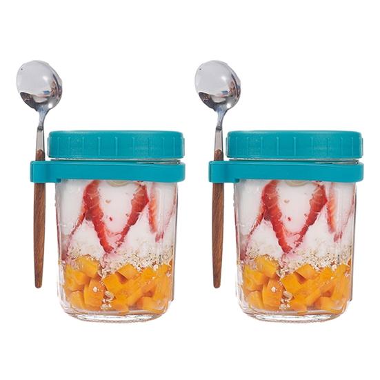 2 Pcs 350ML Oatmeal Cup Glass Overnight Oats Containers Airtight Breakfast Meal Prep Glass Container Yogurt Salad Cereal Jar with Lids and Spoons