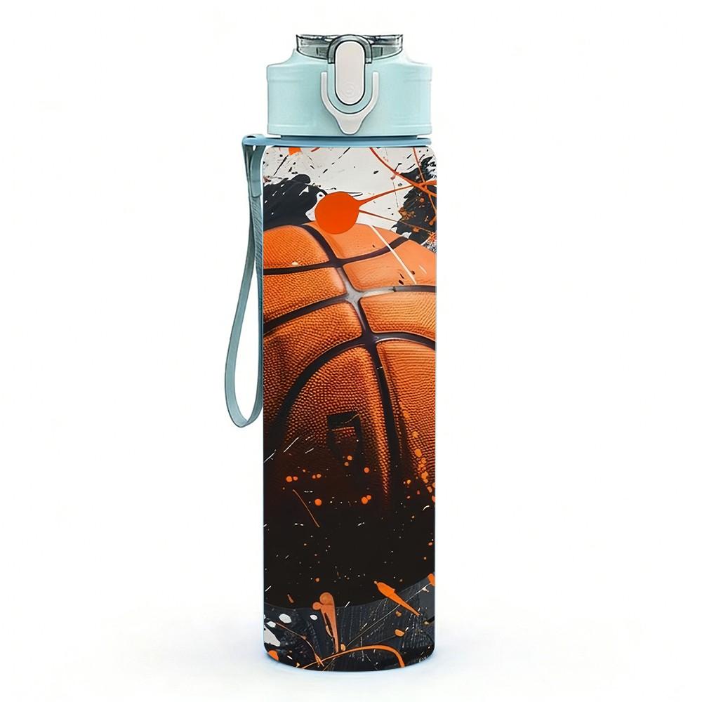 1 Stück Dunkler Spritzer Basketball Sportdruck 750 ml Farbe Kunststoff Sportwasserflasche Auslaufsicher Klappdeckel mit Strohhalm Geeignet für Sport Büro Zuhause