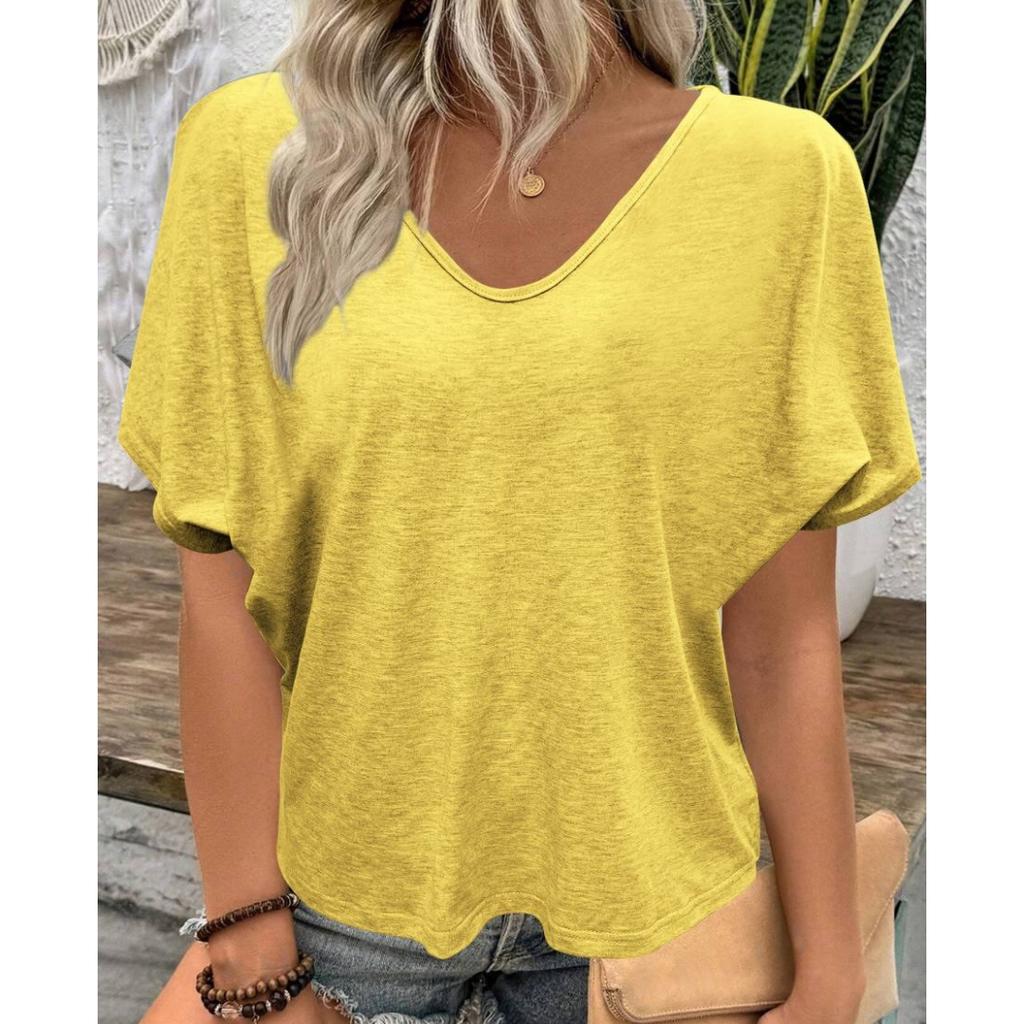 V-Neck Pleated T-Shirt, Loose Fit, Short Sleeves In Candy Colors.