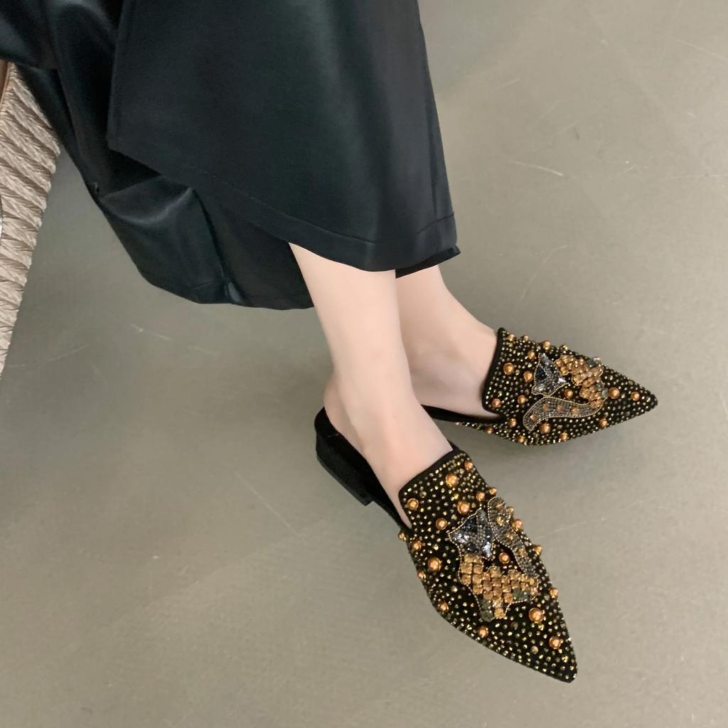 Summer Suede Rivets Rhinestone Fox Ladies Slippers Women Luxury Designer Shoes Comfortable Slippers Sandals Mules