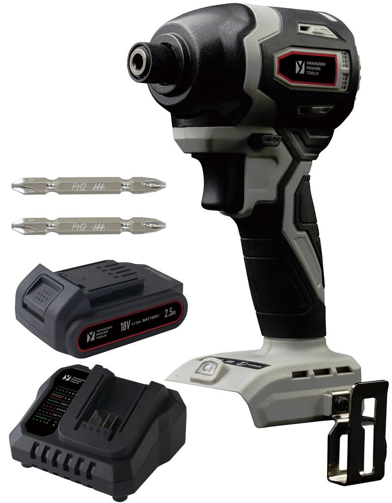 Yamazen 18V Rechargeable Impact Set and One Battery Maximum Tightening Torque of 190 Nm with LED and Common Driver, 3-Piece (Main Unit, Charger, 2.5Ah