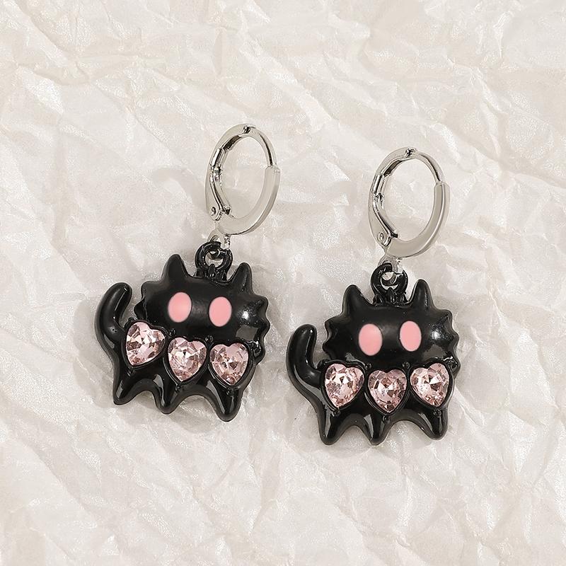 Vintage Gothic Black Heart Shaped Kitten Inlaid With Pink Zircon Earrings Creative Cool Cross Heart Shaped Sweet Jewelry Gift