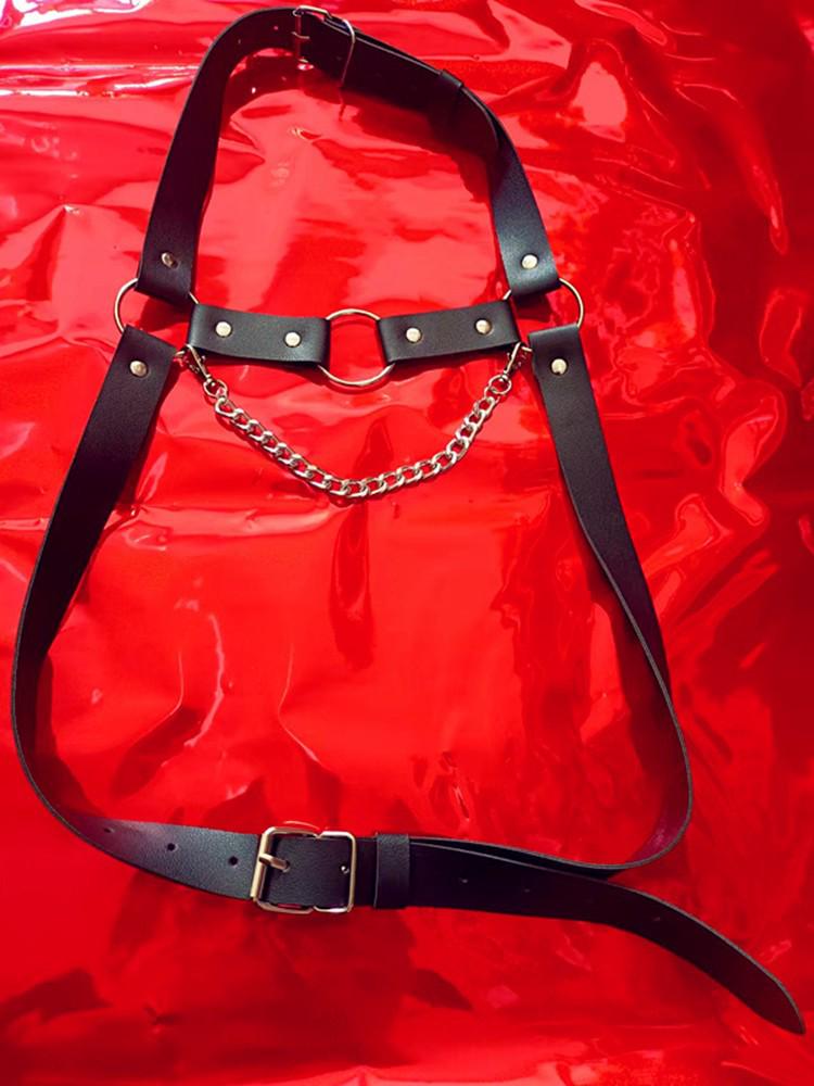 European-American Style Men's Black Choker Belt Body Chain with Chest Strap Harness