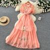 Elegant Short-Sleeve Floral Embroidered Dress for Women Vintage Turn Down Collar Belt Slim A-line Long Maxi Dress