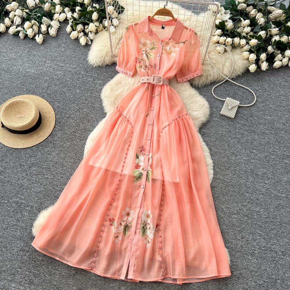 Elegant Short-Sleeve Floral Embroidered Dress for Women Vintage Turn Down Collar Belt Slim A-line Long Maxi Dress
