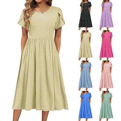 Women's Fashion Spring And Summer Dress Casual Short Sleeve Round Neck Petal Long Printed Dress