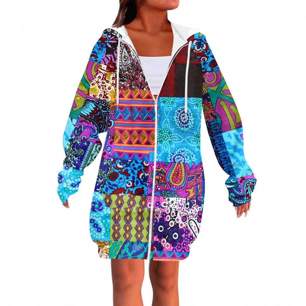 Women's Fashionable Printed  Long Sleeved Drawstring Hooded Zipper Pocket Long Casual Sweatshirt Jacket