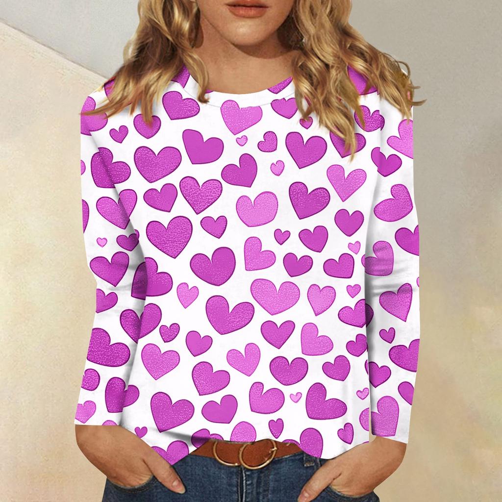 Long Sleeve Shirts For Women Cute Print Graphic Tees Blouses Casual Plus Size Basic Tops Pullover Valentine's Day