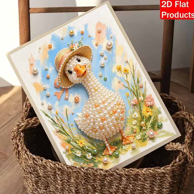 DIY Framed Pearl Painting Kit with Cute Duck in Straw Hat 5D Sparkling Bead Art Canvas Ready to Display Home Decor Wall Art Gift Idea
