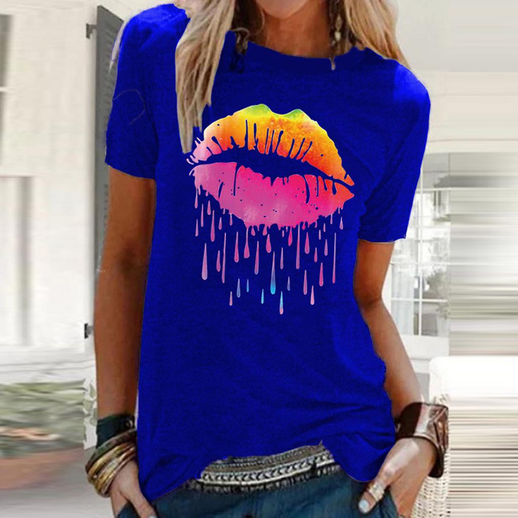 Fashion Women Colorful Lip Print Short Sleeve Casual T-Shirt Blouses Tops