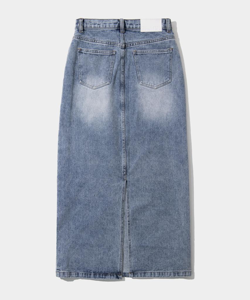 PLACE STUDIO Classic Vintage Washed Slit Long Denim Skirt [Light Blue]