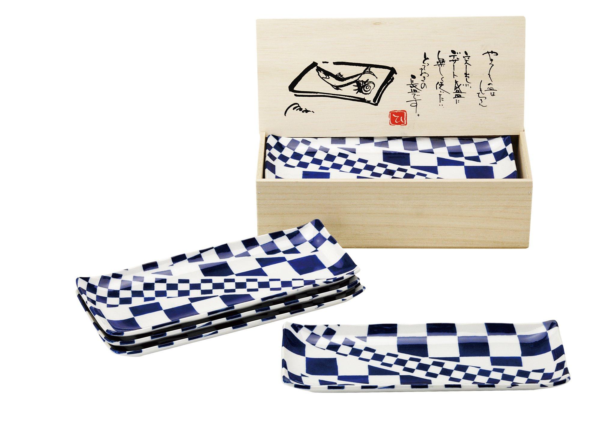 

Kanese Genroku Koiki Long Checkered Wide x 11cm Deep x Set of Plates, Blue, 27.5cm 2.7cm High, 5, GK-10
