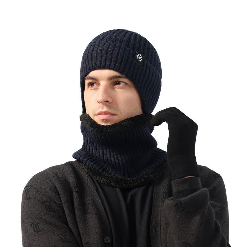 Mens Winter Knitted Beanie Hat With Ear Protection Scarf Set Warm Thick Hooded Cap Cycling Outdoor