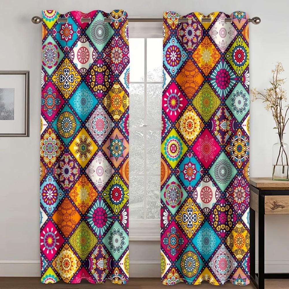 2-Piece Boho Vibrant Color Chic Geometric Curtains Light Filtering for Living Room Bedroom Kitchen Stylish Aesthetic Curtain