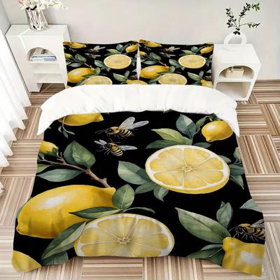 3pcs Yellow Lemons and Bees Bedding Set, Including 1 Quilt Cover and 2 Pillow Shams, Without Filling, Soft and Comfortable Home Bedroom Fabric