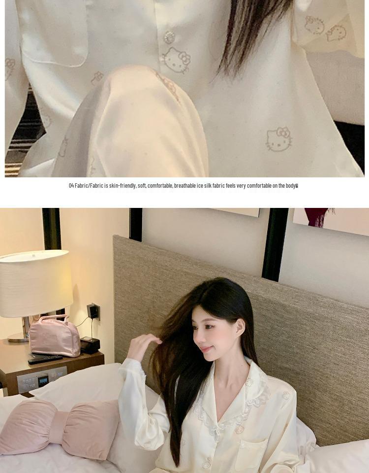 2025 Women's Ice Silk Pajama Set: Cute Kitty, Long-Sleeve for Spring and Autumn