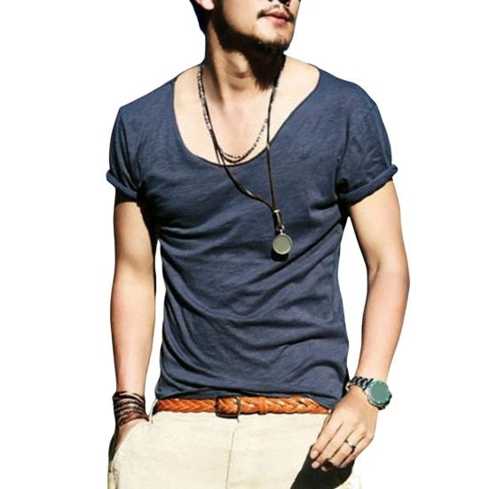 Men T-shirt Large V Neck Thin Solid Color Slim Fit Soft Short Sleeves Mid
