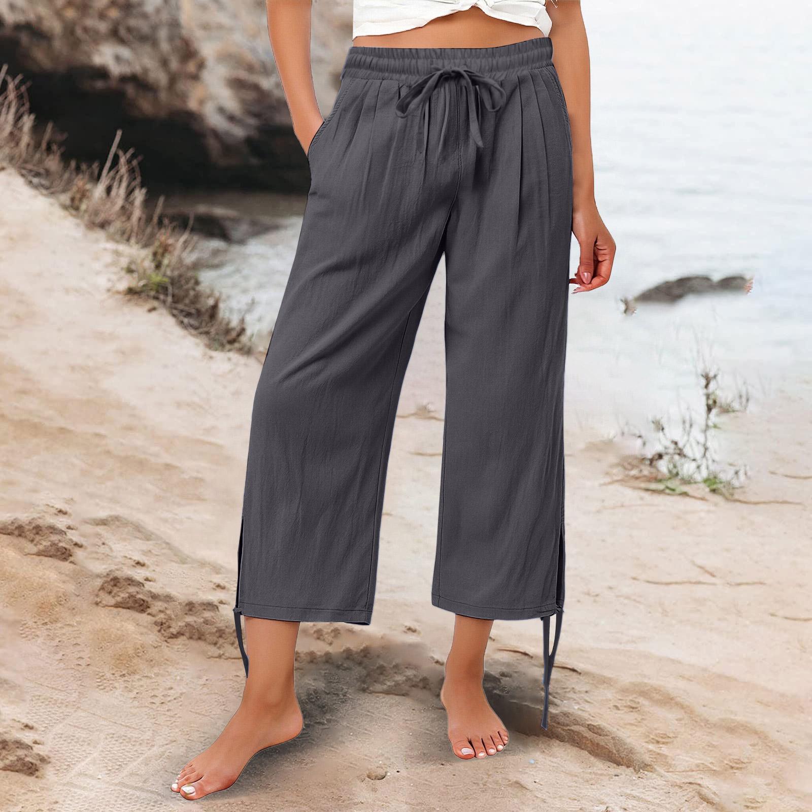

Women High Waist Drawstring Loose Fit Cropped Wide Leg Pants Casual Lightweight Trousers with Side Slit Design for Everyday Wear M