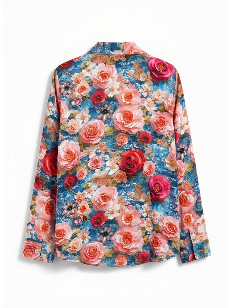 2026 Retro Floral 90s Hong Kong Style Women's Red Long Sleeve Shirt