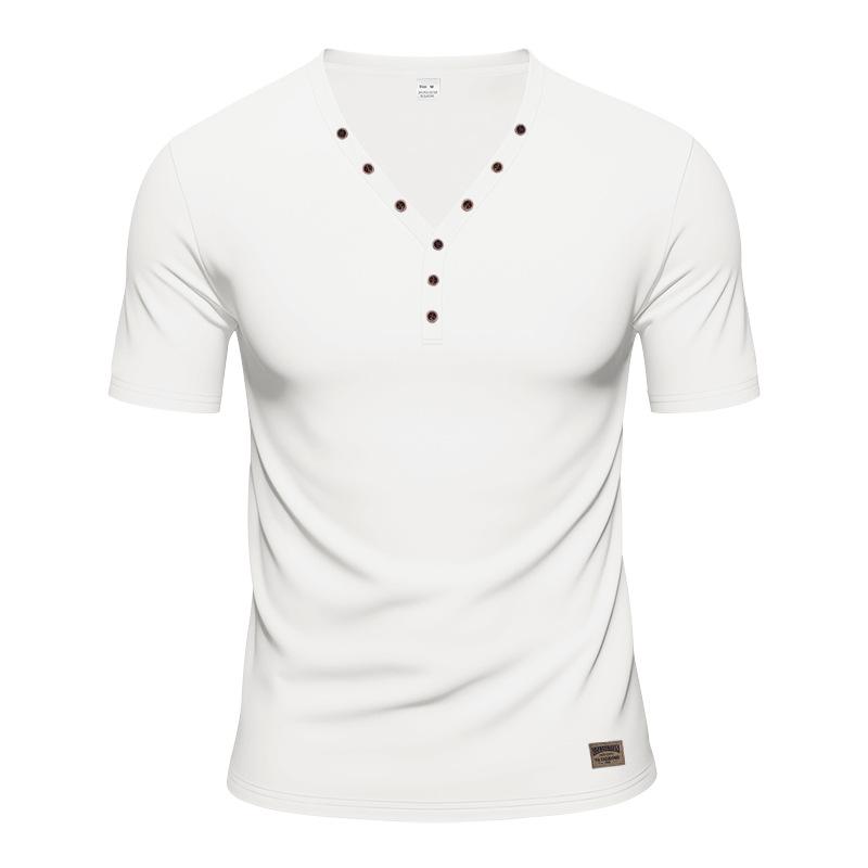 New American Style Men's Summer Short Sleeve T-Shirt, Slim Fit Trendy Deep V-Neck Button Henley Shirt
