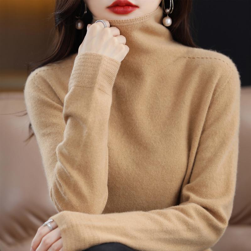 Women's Pure Wool High Neck Knitted Sweater - Solid Color, Autumn/Winter Temperament Top