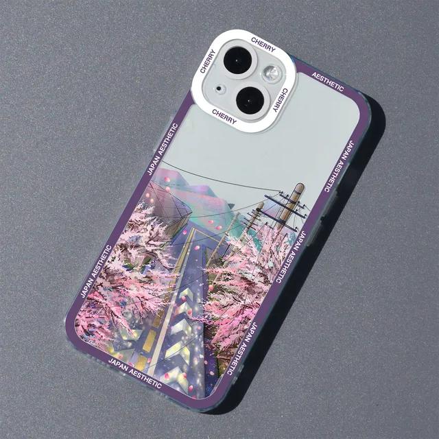 

Мягкий чехол для телефона с японским аниме Cherry Blossom для iPhone 13 12 14 11 Pro Mini X XR XS Max 7 8 Plus SE3 с мультяшным пейзажем For iPhone XR бирюза оранжевый