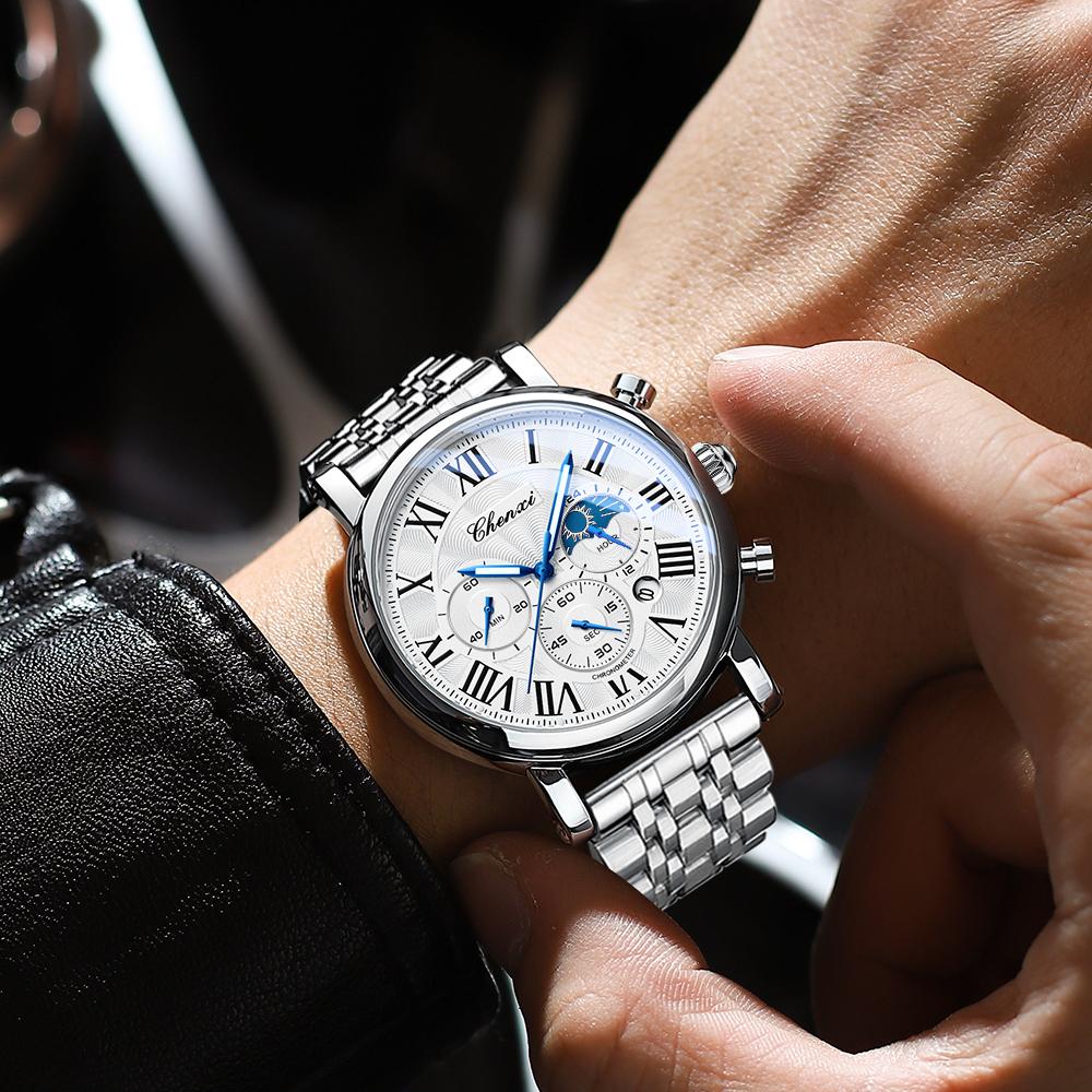 Business Gold Quartz Watches For Men Chronograph Calendar Man Watch Fashion Moon Phase Waterproof Men's Wristwatches