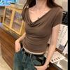 Women Spring Summer Solid Color One Shoulder Short Sleeved Shirt Slim O-Neck Blouses Pullover Tight Short Top S-XXL
