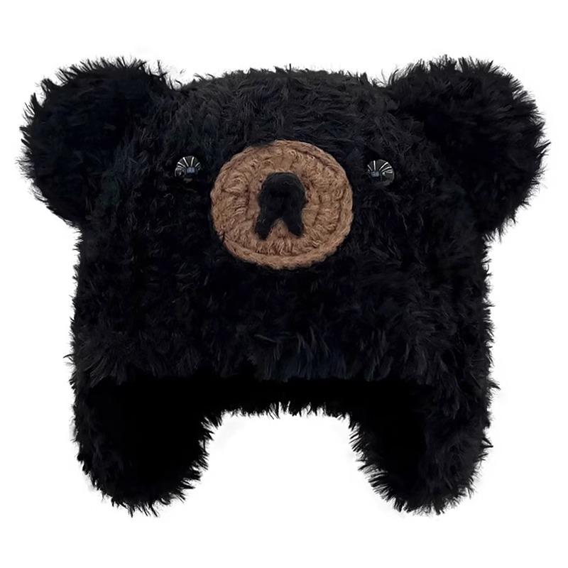 Korean Cartoon Bear Ear Plush Knitted Cap for Women's Autumn and Winter New Style Cute Warm and Versatile Pullover Cap
