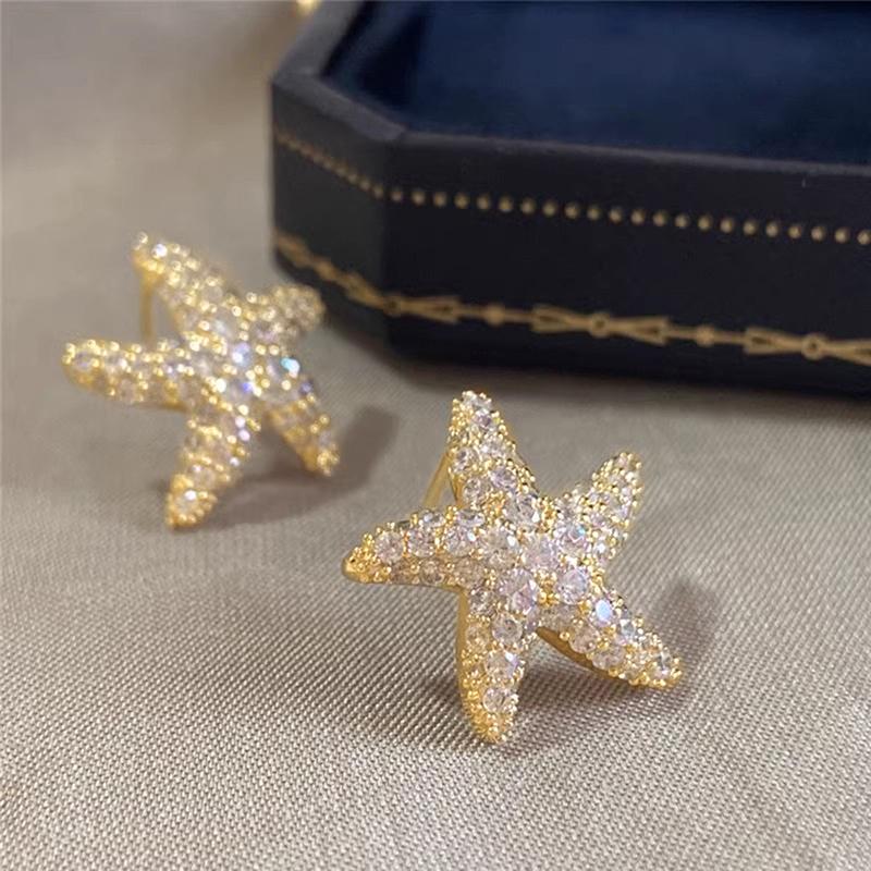 Huitan Cute Starfish Women Stud Earrings Gold Color Sweet Party Engagement Charming Accessories Inlaid Shiny CZ Chic Jewelry