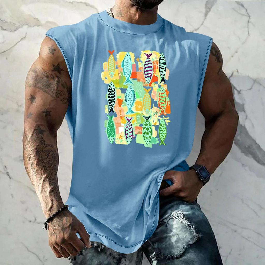 Men's Sleeveless Tank Top Loose Fit Vintage Texture Breathable Muscle Shirt Summer Streetwear Casual Daily Wear Printed Vest