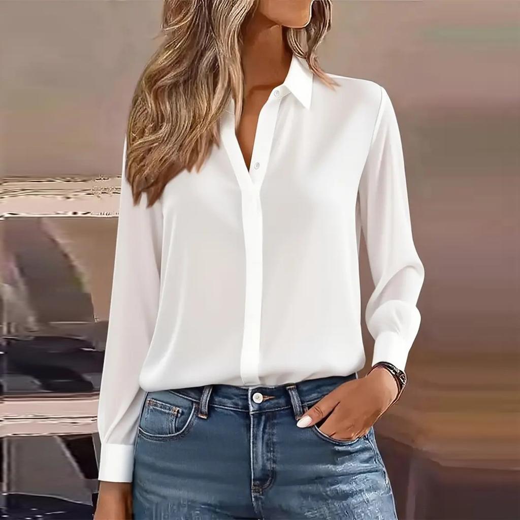 Women's Fashion Casual Solid-Colour Long-Sleeved Versatile Shirt Collared Blouse