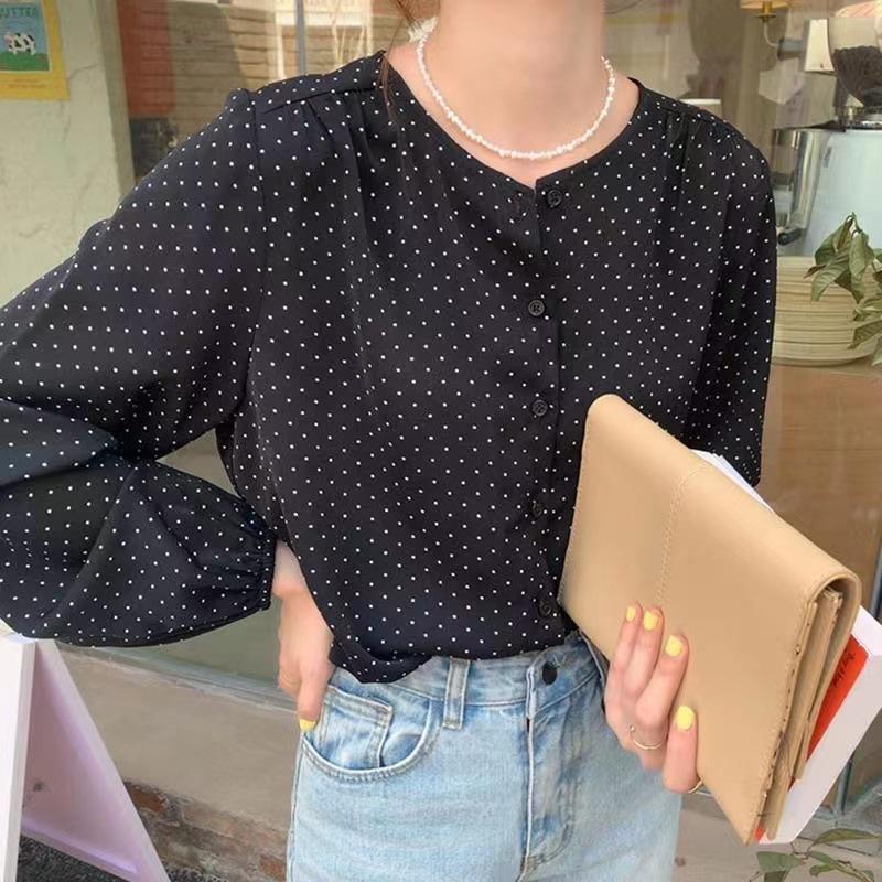 Retro French Temperament Polka Dot Printed Chiffon Shirt Versatile Bubble Sleeve Shirt Loose Top for Women