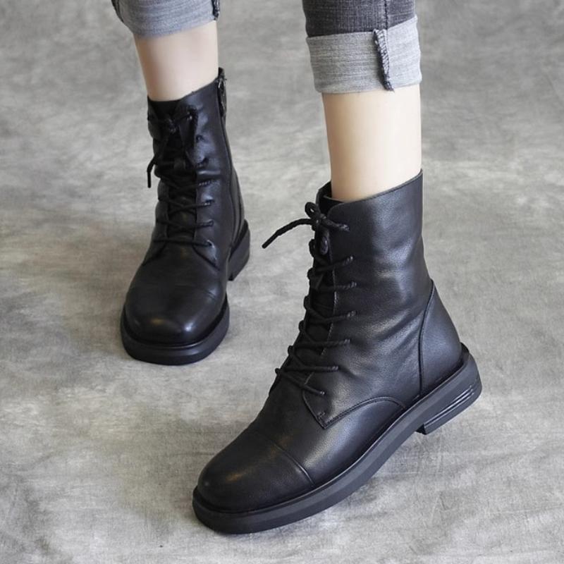 Mode Stiefeletten Frauen Echtes Leder Lace-Up Seite Reißverschluss Top Qualität Herbst Winter Dame Schuhe Handmade