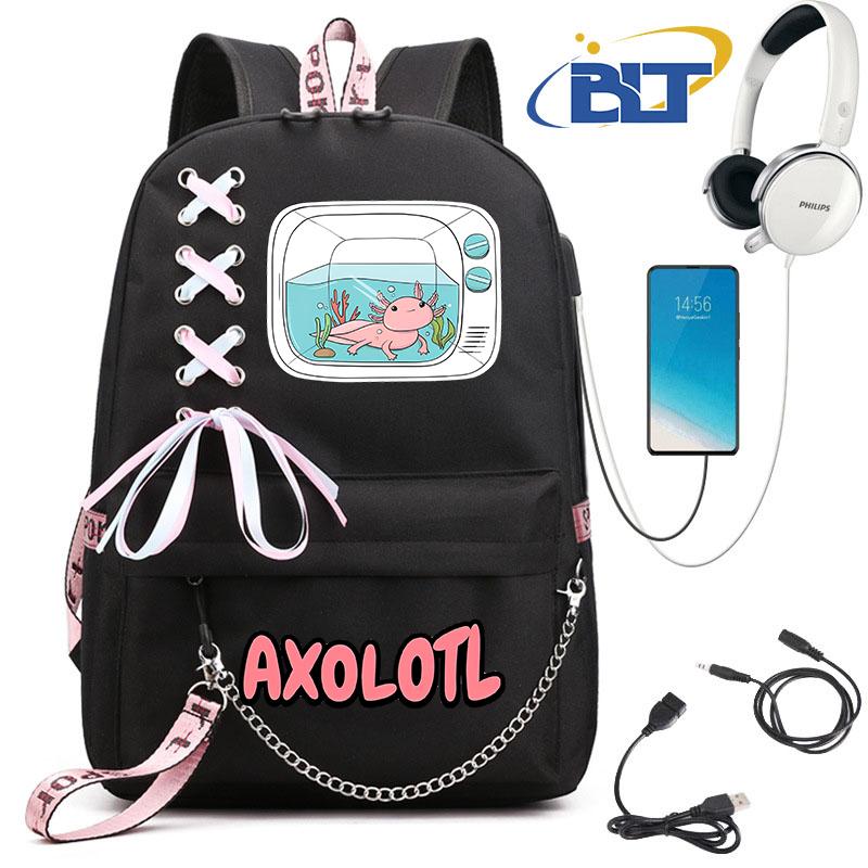 Cute Axolotl Printed Student Schoolbag for Girls Black Backpack Usb Kids Casual Bag Back To School Gift