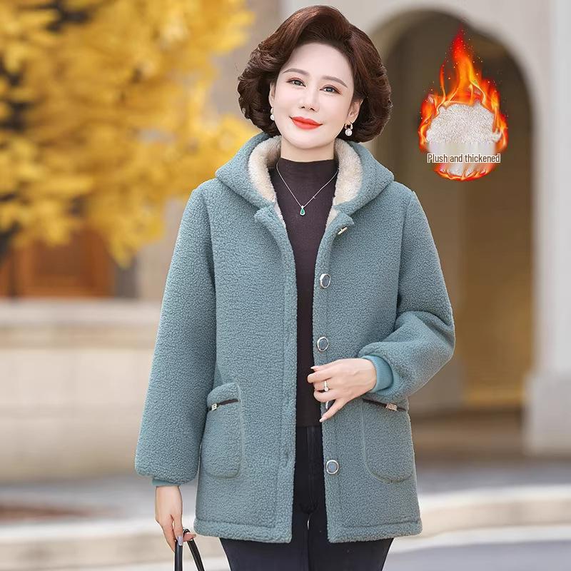Mamas Herbst-/Winter-Kapuzenjacke aus Lammwolle für Damen, Plüsch-Samt, Verdickte warme Baumwolle für mittlere und ältere Menschen, Strukturierter Samt