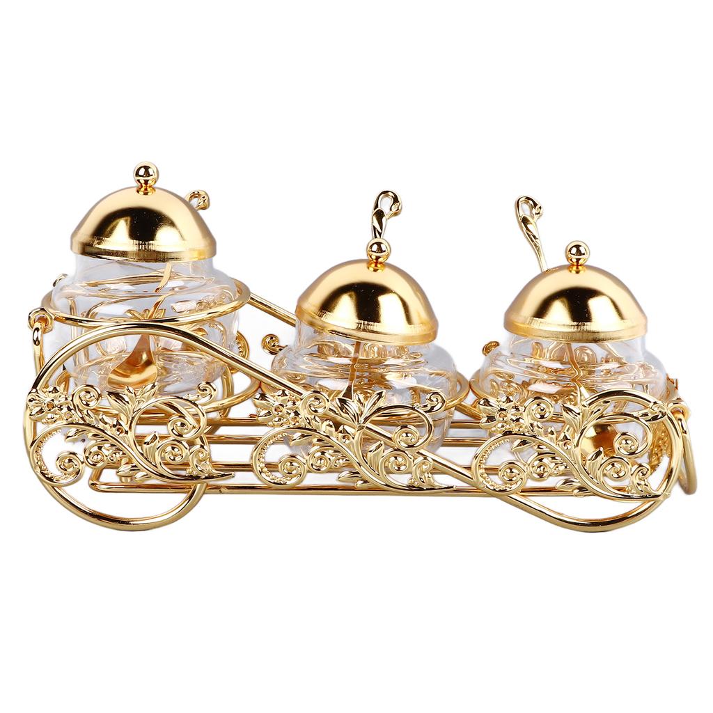 3 Piece Set European Style Gold Sugar Jar with Lid Spoon Polished Glass Seasoning Jar Condiment Pot