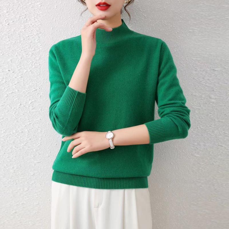 Women's Autumn/Winter Wool Sweater - Half-High Round Neck, Warm Knit Pullover, Ideal Base Layer