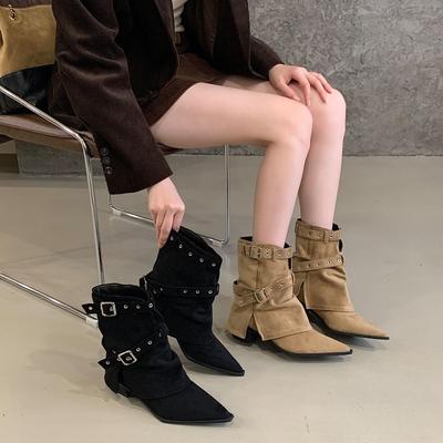 Korean Version of Belt Buckle, Willow Nails, Thick Heels, Trousers, Short Boots, Women's Autumn and Winter Models, Trendy and Cool Niche Design Trouse