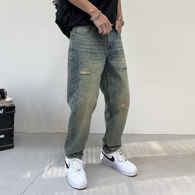 Patch Ripped Jeans Men's American High Street Vintage Old Beggar Wind Straight Loose Daddy Denim Pants