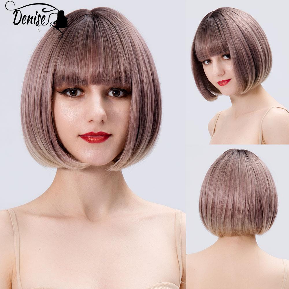 Bob Wig Straight Short Black To Blue Ombre Daily Synthetic Wigs For Women With Bangs Nutural  Heat Resistant Fiber Cosplay Hair