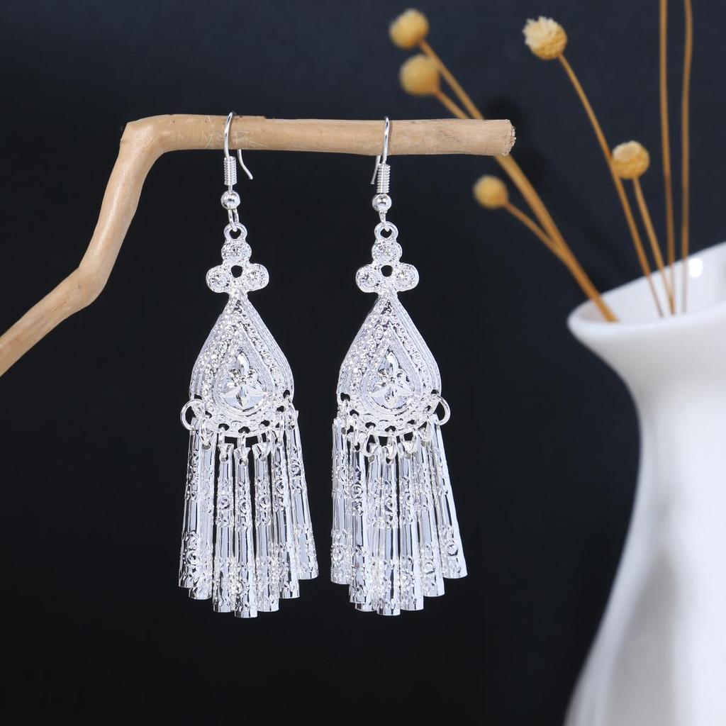 Vintage Ethnic Miao Silver Teardrop Tassel Earrings