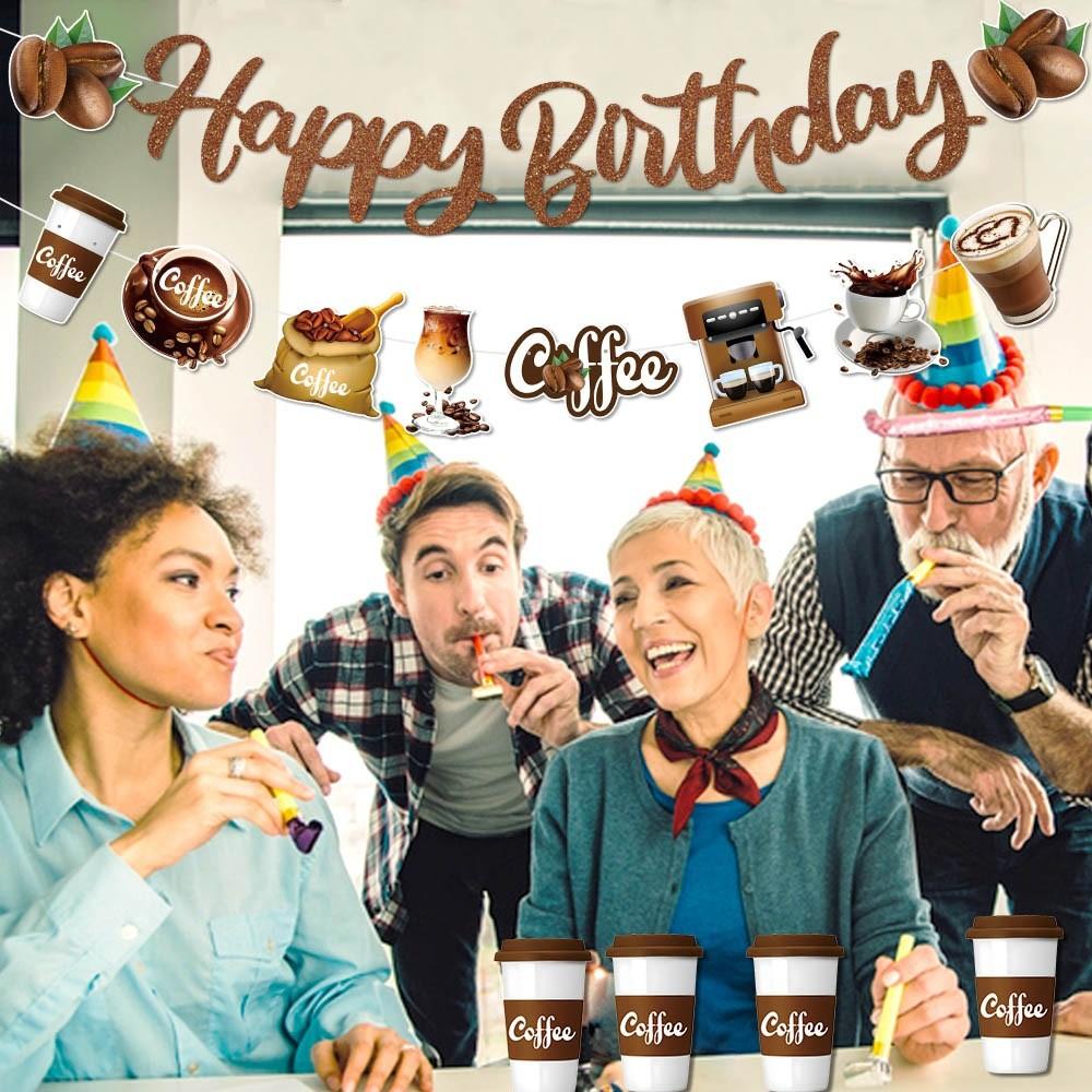 Coffee Theme Party Decor Pack With Birthday Banner And Spiral Streamers For Event Setup