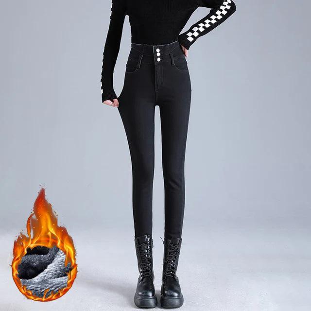 Women s High-Waisted Plush Denim Winter Jeans - Slim, Thick, Warm Snow Pants for Students 29