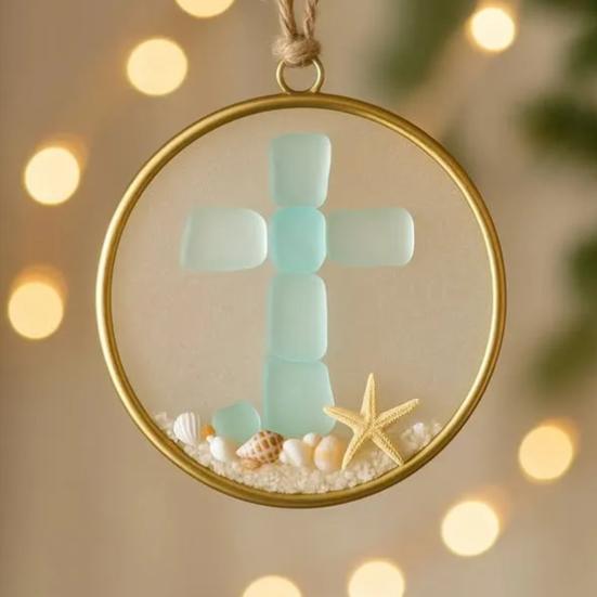 Hav-inspirert julepynt Sjøglass Skjell Resin Tre med Sjøstjerne Topp Kystnær Jul Hengende Dekorasjon til Tre Bil Speil Dekor